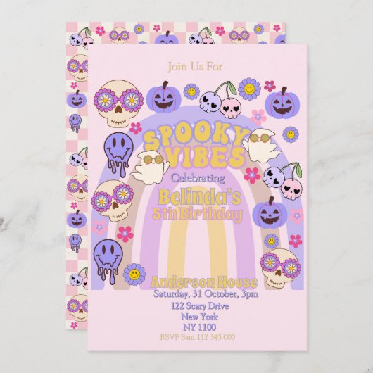キュートビーブス不気味グルーヴィー幽霊ハロウィーン誕生日 招待状 (正面/裏面)
