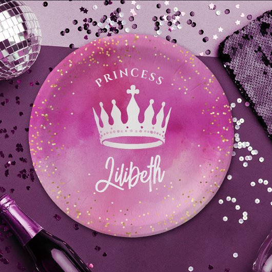 キュートピガーリーンクプリンセスクラウンティアラ水彩 ペーパープレート