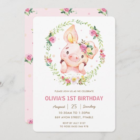 キュートピギーピンクフローラグリーンリース誕生日 招待状 (正面/裏面)
