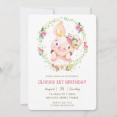 キュートピギーピンクフローラグリーンリース誕生日 招待状 (正面)