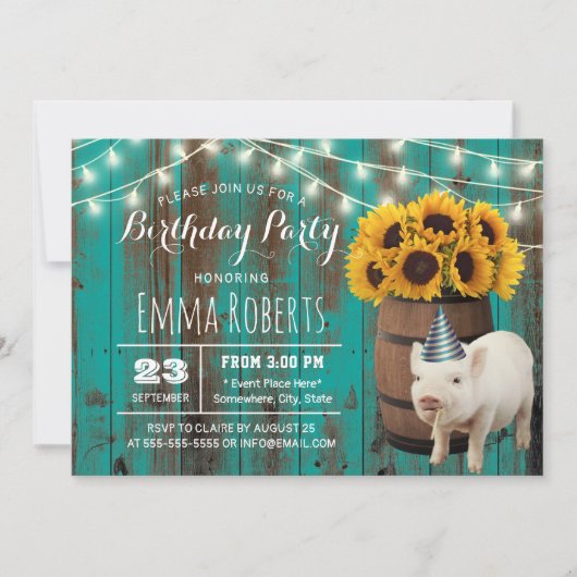 キュートピグス素朴ンフラワーファーム動物誕生日 招待状 (正面)