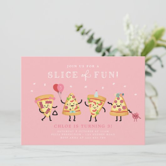 キュートピザパーティー誕生日招待状、おもしろいスライス 招待状 (スタンド正面)