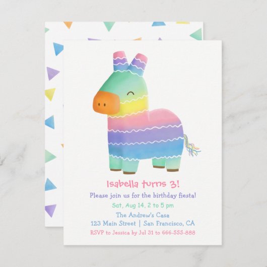 キュートピナタメキシコフィエスタ子供の誕生日パーティー 招待状 (正面/裏面)