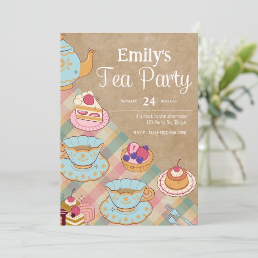 キュートピフェミニンックブルーティーパーティー誕生日 招待状 (スタンド正面)