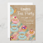 キュートピフェミニンックブルーティーパーティー誕生日 招待状 (正面/裏面)