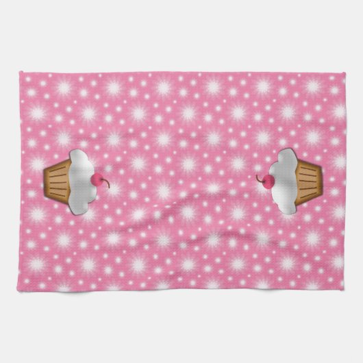 キュートピンクさくらんぼカップケーキ キッチンタオル (横)