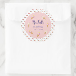 キュートピンクアイスクリームコーンガール誕生日 ラウンドシール