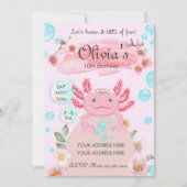 キュートピンクアクソロトルガールズバースデーパーティー招待状 招待状 (正面)