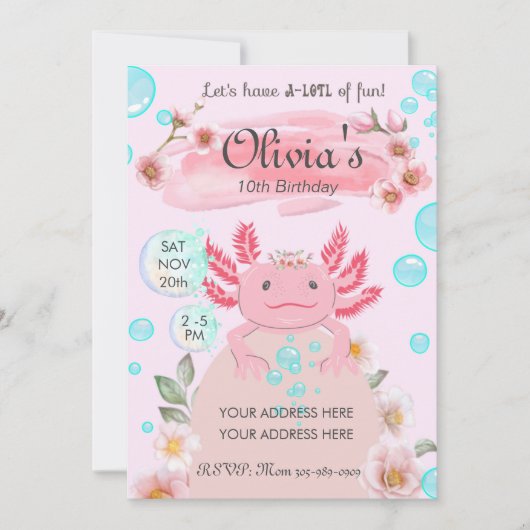 キュートピンクアクソロトルガールズバースデーパーティー招待状 招待状 (正面)