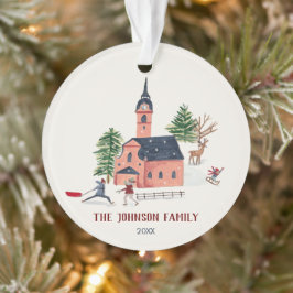 キュートピンクアルパインスキーロッジ冬のおもしろいクリスマス オーナメント