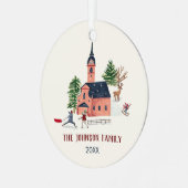キュートピンクアルパインスキーロッジ冬のおもしろいクリスマス メタルオーナメント (正面左)