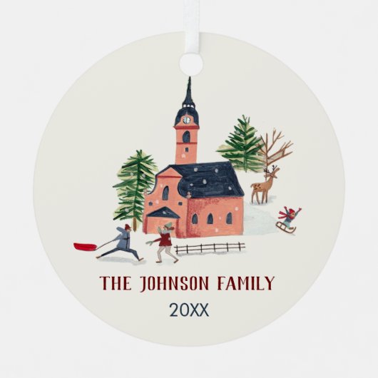 キュートピンクアルパインスキーロッジ冬のおもしろいクリスマス メタルオーナメント (正面)