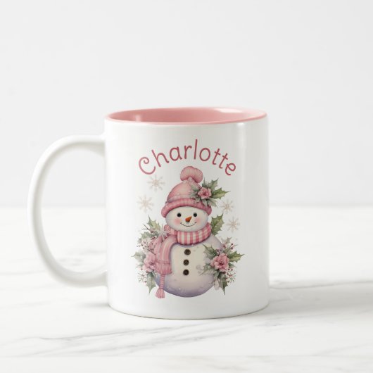 キュートピンクウィンター雪だるまクリスマス ツートーンマグカップ (左)