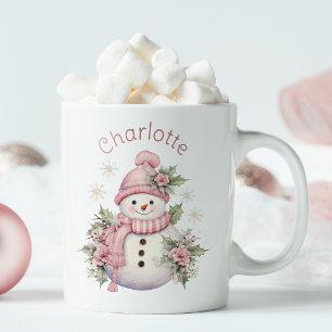 キュートピンクウィンター雪だるまクリスマス ツートーンマグカップ
