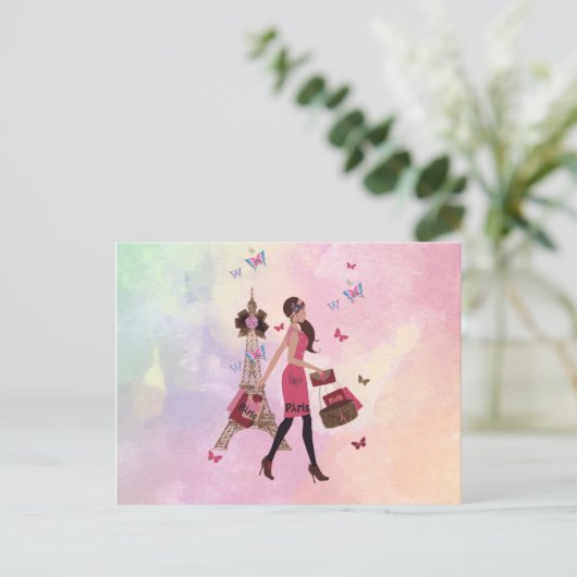 キュートピンクウォーターカラーガールパリエッフェルタワー ポストカード (スタンド正面)