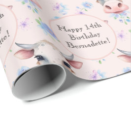 キュートピンクウォーターカラースタイルカウファームアニマル文字 ラッピングペーパー