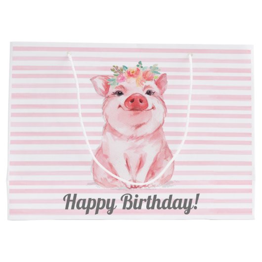 キュートピンクウォーターカラーピグ誕生日 ラージペーパーバッグ (裏面)
