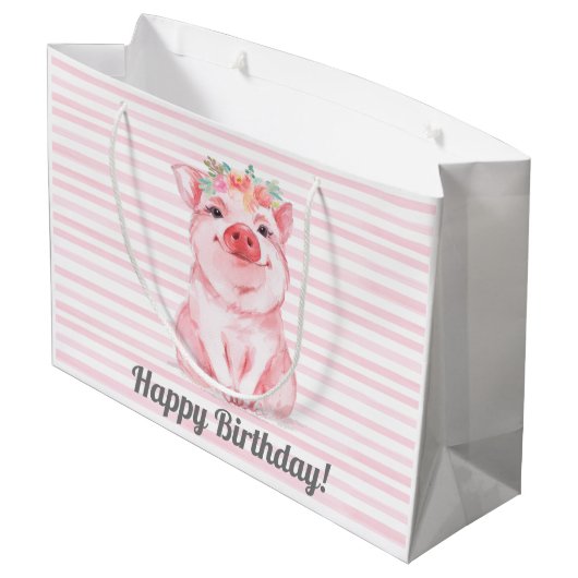 キュートピンクウォーターカラーピグ誕生日 ラージペーパーバッグ (裏面アングル)