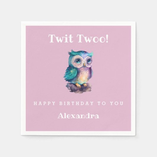 キュートピンクウッドランドフクロウ子供の誕生日 スタンダードカクテルナプキン (正面)
