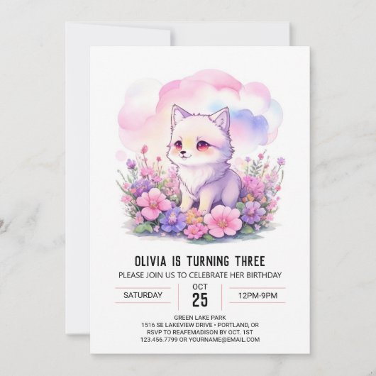 キュートピンクウルフカブ誕生日 招待状 (正面)