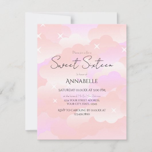 キュートピンクエステティッククラウドSweet sixteen誕生日 招待状 (正面)