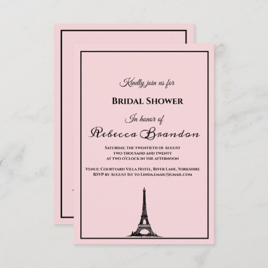 キュートピンクエッフェルタワーパリブライダルシャワー 招待状 (正面/裏面)