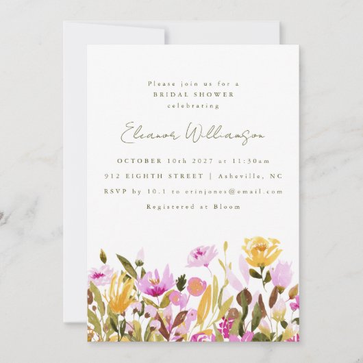 キュートピンクオリーブウォーターフローラブライダルシャワー 招待状 (正面)