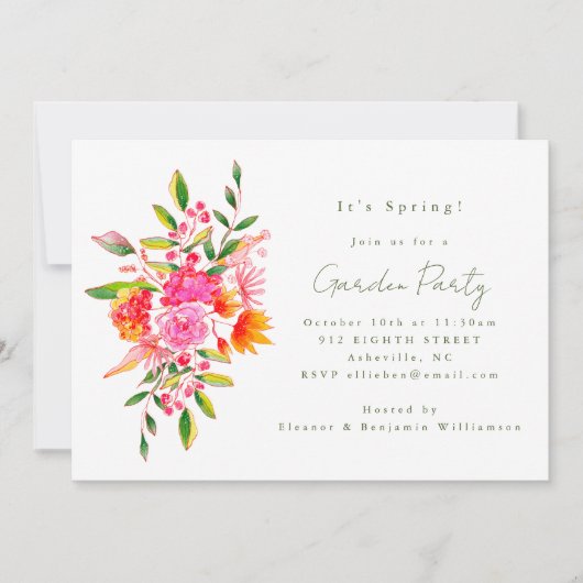 キュートピンクオレンジフローラウォーターカラーガーデンパーティー 招待状 (正面)