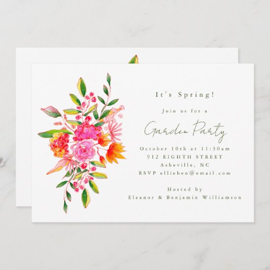 キュートピンクオレンジフローラウォーターカラーガーデンパーティー 招待状 (正面/裏面)
