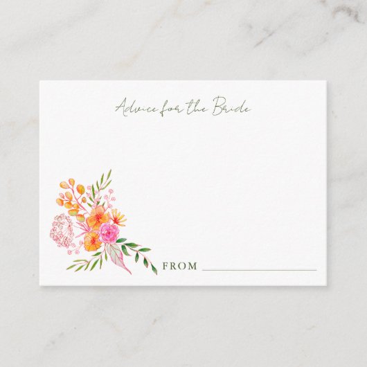 キュートピンクオレンジフローラ水彩ブライダルシャワー アドバイスカード (正面)