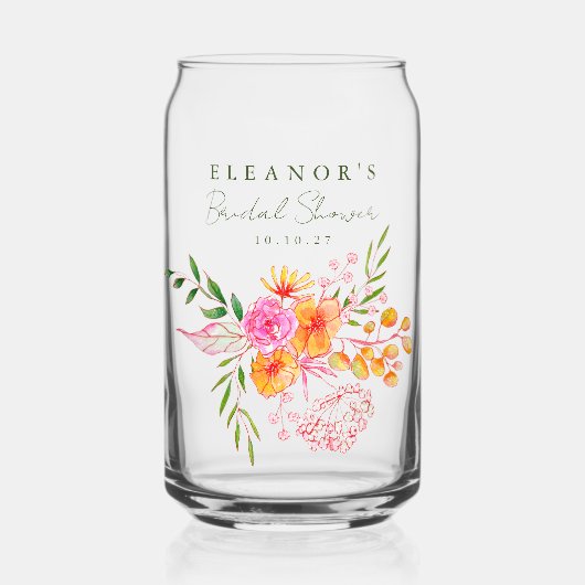 キュートピンクオレンジフローラ水彩ブライダルシャワー ガラス缶 (正面)