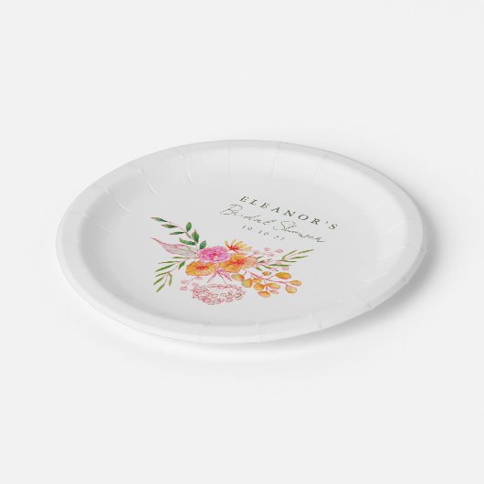 キュートピンクオレンジフローラ水彩ブライダルシャワー ペーパープレート (アングル)