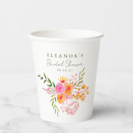 キュートピンクオレンジフローラ水彩ブライダルシャワー 紙コップ