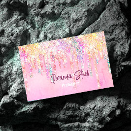 キュートピンクオレンジユニコーングリッタードリップスモノグラム マグネット名刺