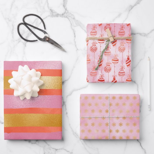 キュートピンクオレンジ金ゴールドクリスマスホリデー ラッピングペーパーシート (正面)