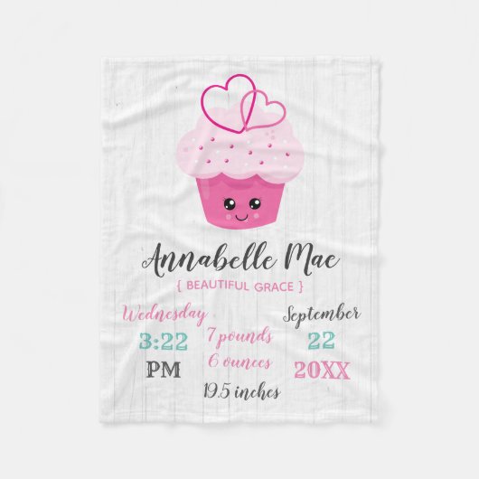 キュートピンクカップケーキかわいいベビー誕生統計 フリースブランケット (正面)