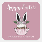 キュートピンクカップケーキバニー耳ハッピーイースター スクエアシール (正面)