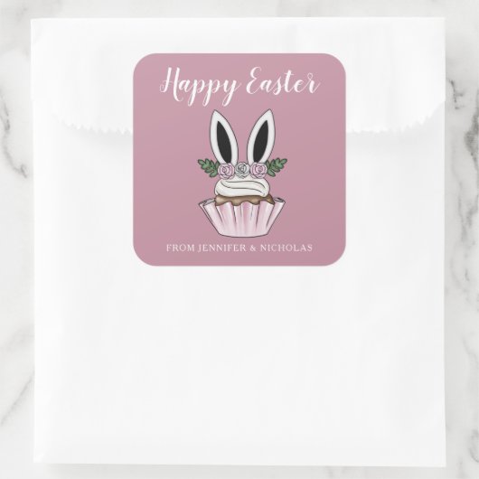 キュートピンクカップケーキバニー耳ハッピーイースター スクエアシール (バッグ)