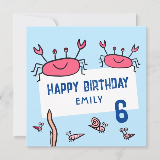 キュートピンクカニシーアニマルズガールハッピーバースデー カード (正面)