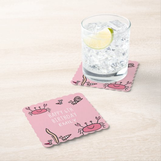 キュートピンクカニシーアニマルズガールハッピーバースデー ペーパーコースター (インサイチュ)