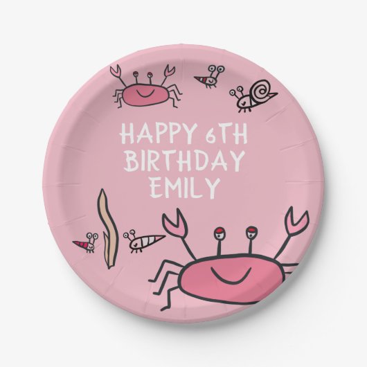 キュートピンクカニシーアニマルズガールハッピーバースデー ペーパープレート (正面)