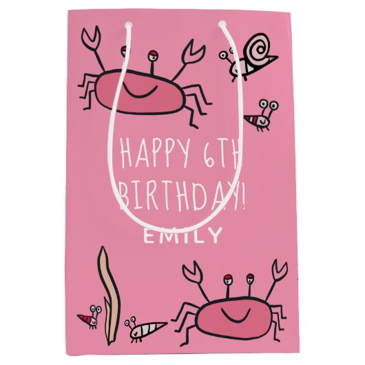 キュートピンクカニシーアニマルズガールハッピーバースデー ミディアムペーパーバッグ (正面)