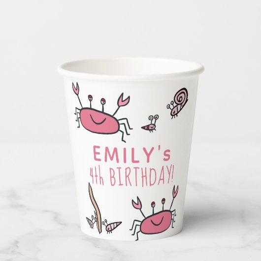 キュートピンクカニシーアニマルズガール誕生日 紙コップ (裏面)