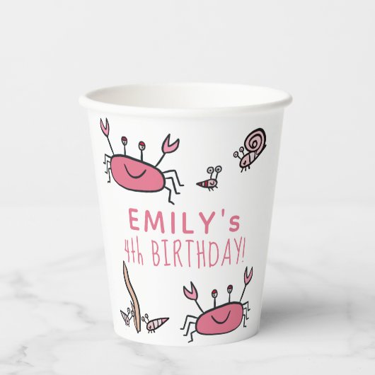 キュートピンクカニシーアニマルズガール誕生日 紙コップ (正面)