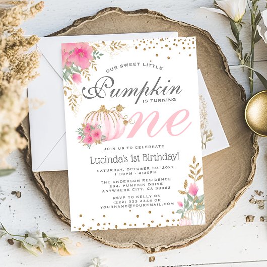 キュートピンクカボチャフローラ1st誕生日招待状 招待状