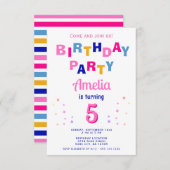 キュートピンクカラフルスタータイポグラフィガール誕生日 招待状 (正面/裏面)
