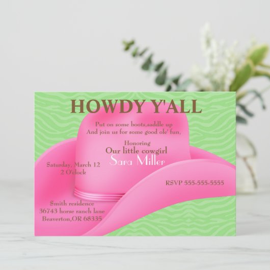 キュートピンクカントリーカウボーイハット誕生日招待状 招待状 (スタンド正面)