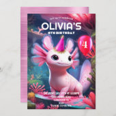 キュートピンクガールアクソロトル誕生日 招待状 (正面/裏面)