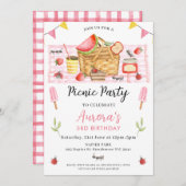 キュートピンクガールズエイジーンピクニック誕生日 招待状 (正面/裏面)