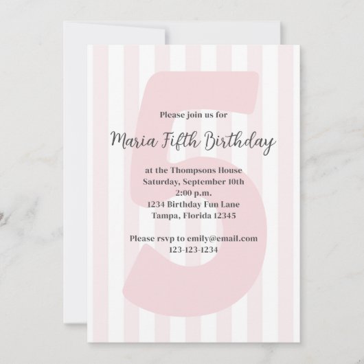 キュートピンクガールフィフス誕生日お洒落誕生日 招待状 (正面)